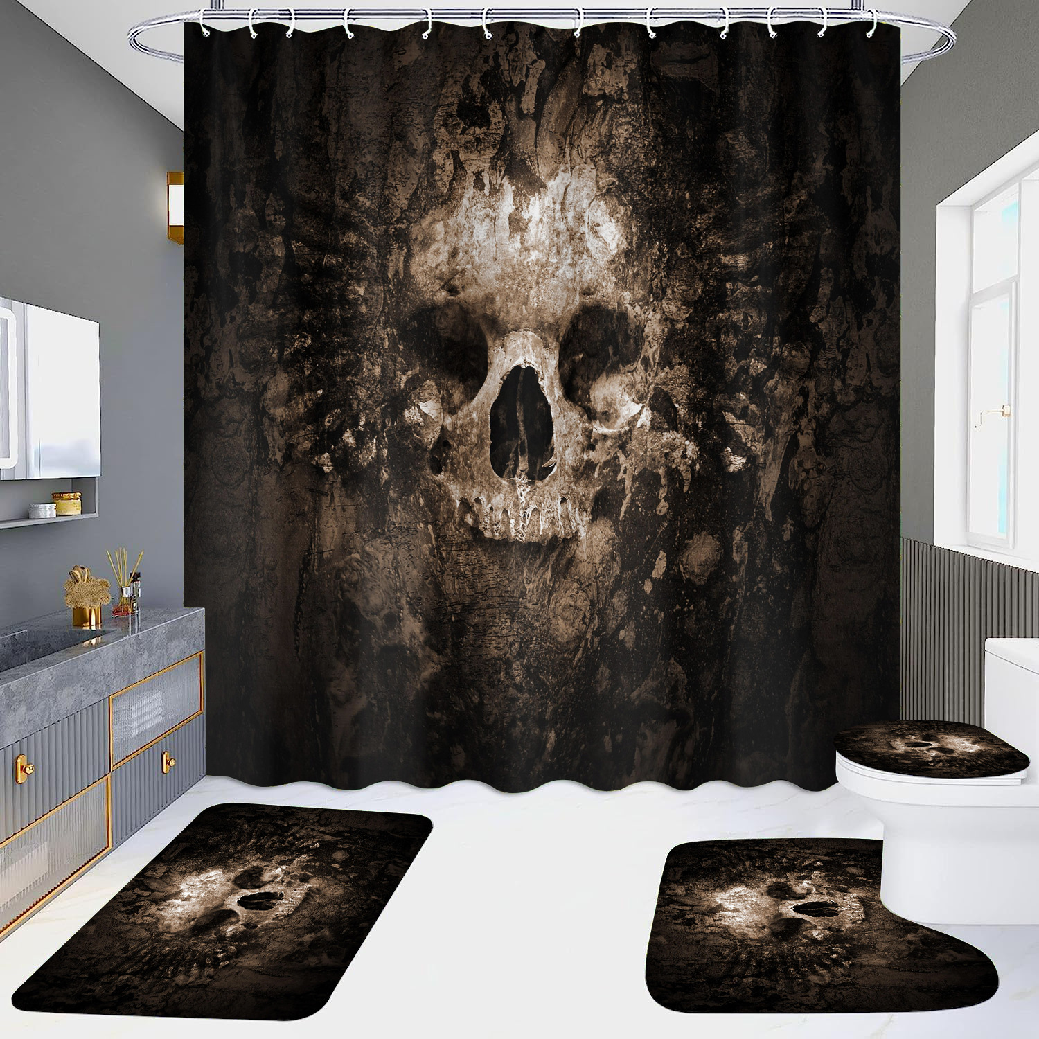 Cortina de ducha de suministro directo transfronterizo conjunto de cuatro piezas hd impermeable sin perforaciones baño hotel baño partición cortina wansheng cráneo