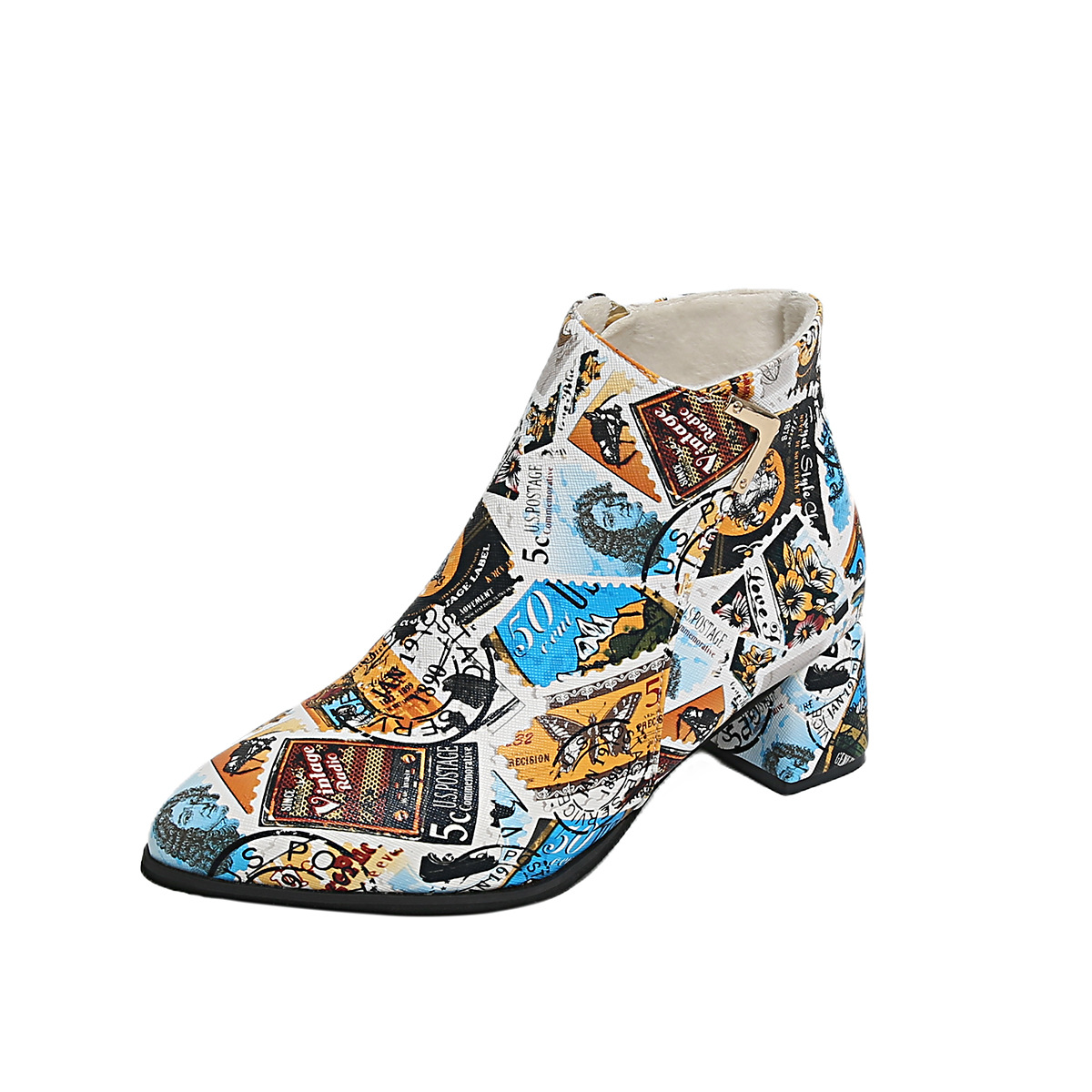 Damen-Stiefeletten mit spitzer Zehenpartie, mittelhohem Absatz, bedruckter Klobigkeit, Winterstil, Übergröße, kurz, europäisch-amerikanisch_voghion.com