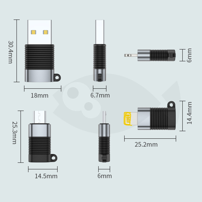 USB 2.0 a female Type-C Lightning to Type-C Micro USB aluminum case lanyard adapter USB 2.0 a female Type-C Lightning to Type-C Micro USB aluminum case lanyard adapter