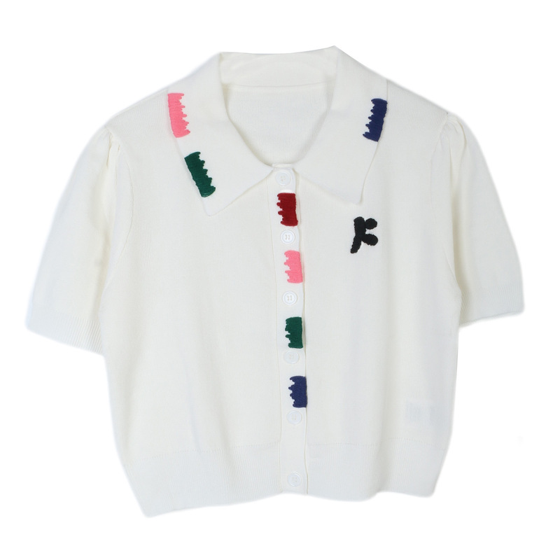 2024 Spring and Summer New Sweet Knitted Cardigan Women's Colorful Heavy Industry Hand Hook POLO Neck Short Knitted Cardigan Top