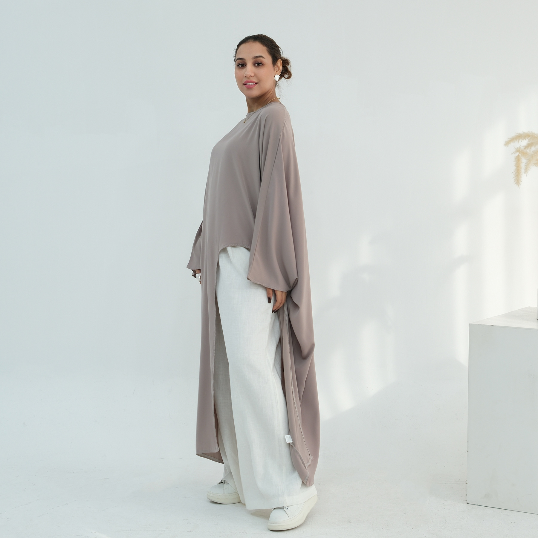 Voya Women's Oversized Modest Robe - Loose Fit Asymmetric Top With Crew Neck, Solid Color Longline Cardigan, Casual Loungewear, Elegant Daily Wear,_ecoleips.com