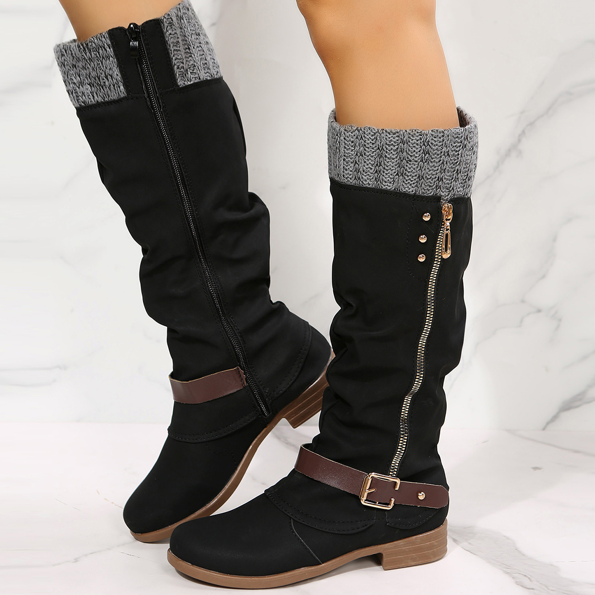 New chunky heel side zip stitching boots for women_voghion.com