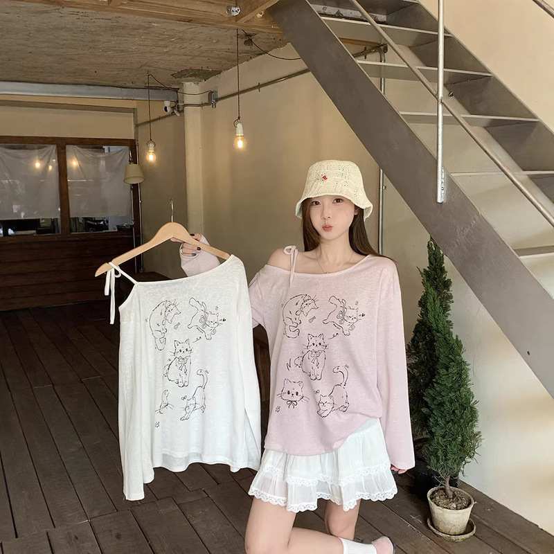 2026 Summer New Style Plus-Size Women's Cartoon Print Lightweight Off-Shoulder Tie-Up Long-Sleeve Top