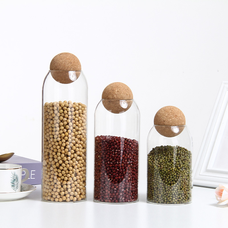Taza de almacenamiento de vidrio casero corcho lata de té transparente granos botella de almacenamiento de granos granos esféricas lata de sellado de granos de café