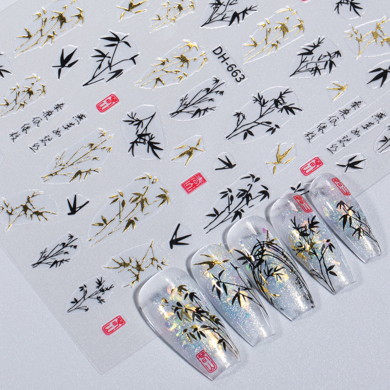 Chinese Style Bronzing Bamboo Nail Stickers with Adhesive Backing New Chinese Style Bamboo Nail Stickers Jewelry Dh Style