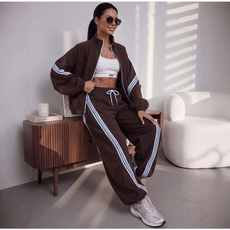 Cross-border European and American women's cotton fleece-lined hooded set, long-sleeve zip-up jacket and drawstring sweatpants two-piece set Cross-border European and American women's cotton fleece-lined hooded set, long-sleeve zip-up jacket and drawstring sweatpants two-piece set