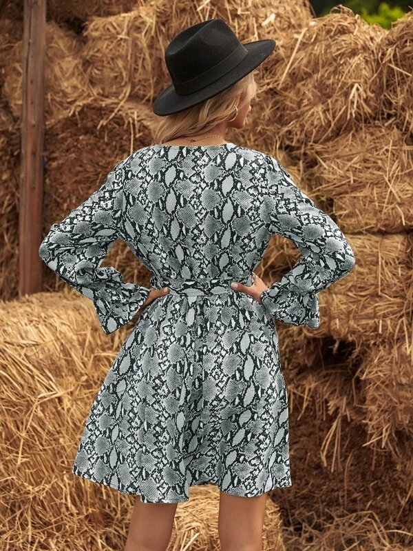 Vestido de primavera-verano con estampado de leopardo, escote en V, cintura ajustada y estampado de serpiente, vestido de cintura para mujer