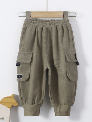 Children's new label striped casual pants cartoon art retro plus thin velvet baby all-match embroidered casual pants