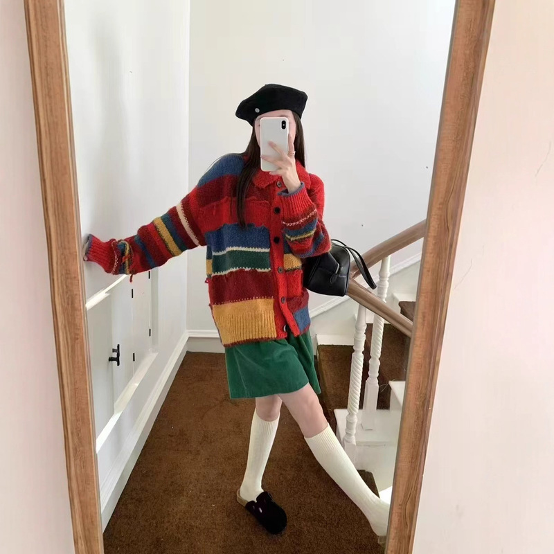 彩虹条纹针织开衫 2025秋季新款 小众慵懒翻领宽松毛衣外套女2591|undefined