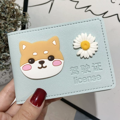 Multimediya və saxlama aksesuarları – Car driving license leather case - right-driving-blue-set-corgi-dog-white-daisy-6-card-position