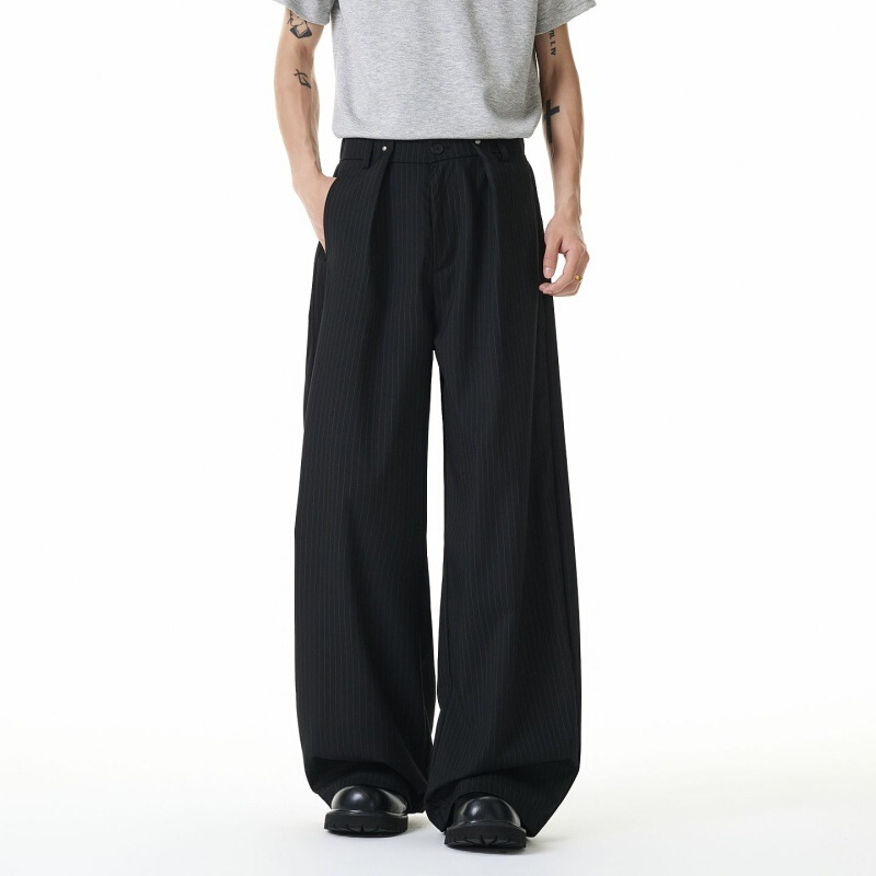 American-style trendy casual striped high-waisted drapey wide-leg suit pants for men and women, loose, pleated, slimming, straight-cut, wholesale