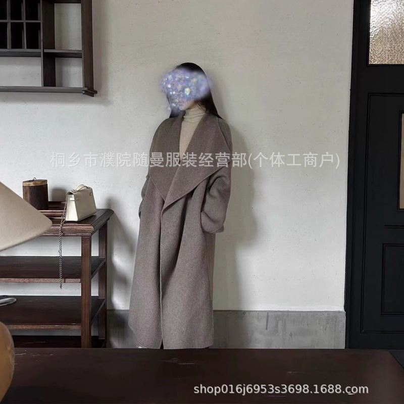 25 Autumn/Winter New Double-Sided Wool Coat Korean Style 5W Lazy Style Elegant Wide Collar Extended Length Coat for Women