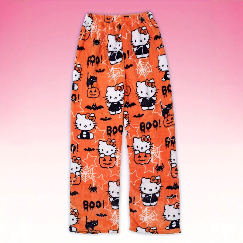 Hellokitty European Version Cartoon Pajama Pants for Women, Flannel Long Pants, Casual Pants with 3D Printed Patterns, Home Pants with Drawstring