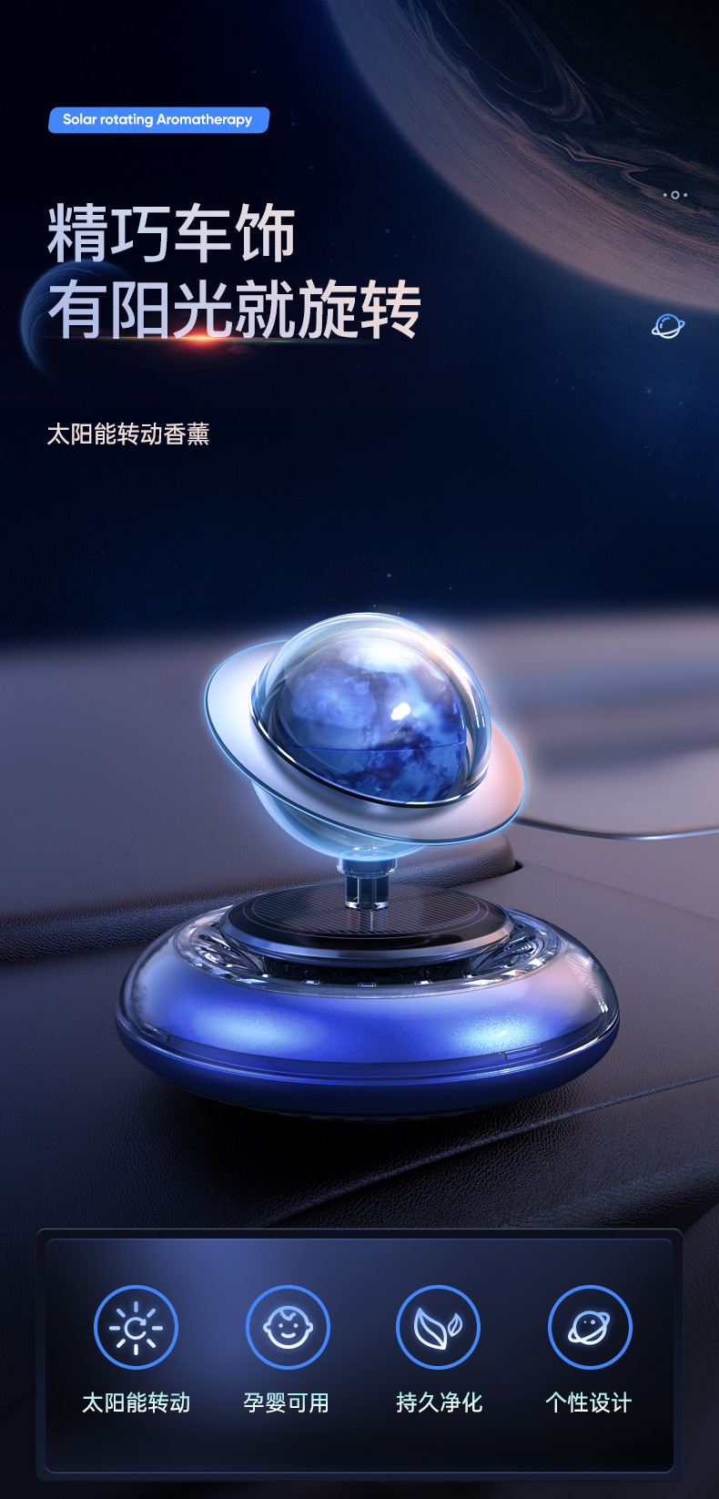 Car Solar Perfume Interior Aromatherapy Ornaments Lasting Light Fragrance Cologne Men's Car Supplies Aerospace Planet Ornaments