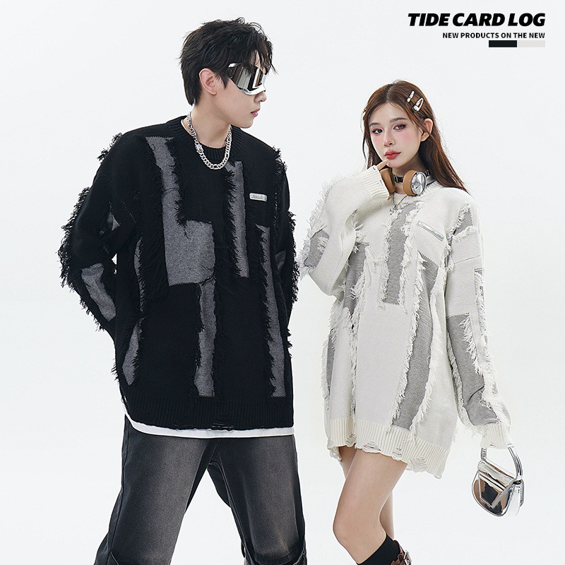 Ανδρικά Ρούχα με σκισμένες φούντες, μικρές ετικέτες, άνετη εφαρμογή, μοντέρνα πουλόβερ με χρωματική αντίθεση_voghion.com