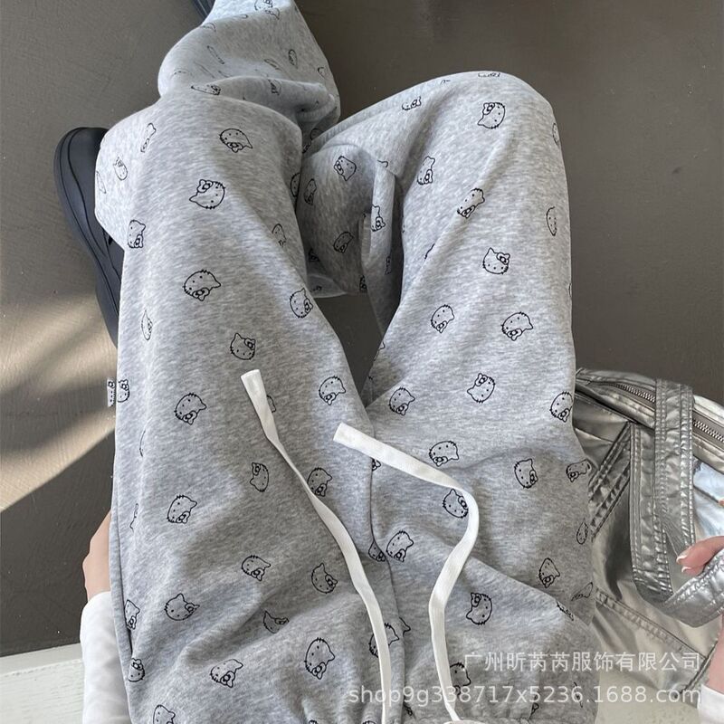 Gray Kitty Cat Print Splicing Casual Pants for Women Summer 2025 Loose Straight Draped Sports Wide Leg Pants