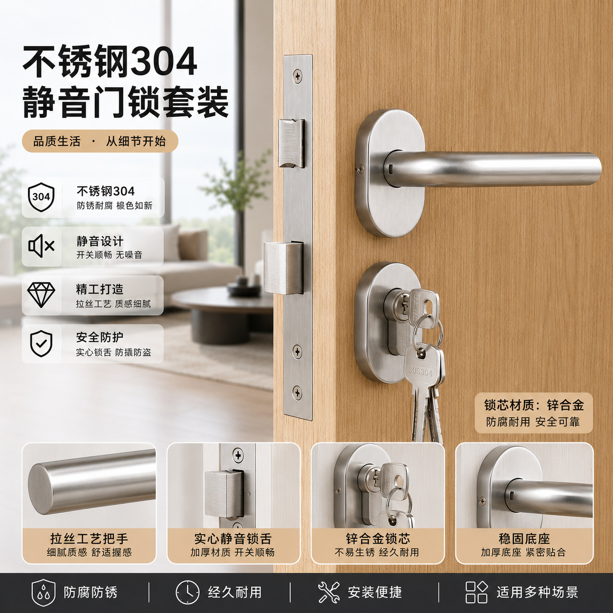 304不锈钢防盗门锁分体锁带保险拉杆单舌现代简约卫生间浴帘门锁
