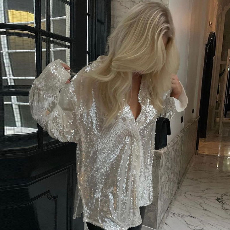 Sequin Sequin Shirt Women's Silver Glitter Loose Long-Sleeved Party Top Cross-Border European and American Aliexpress Sequin Sequin Shirt Women's Silver Glitter Loose Long-Sleeved Party Top Cross-Border European and American Aliexpress
