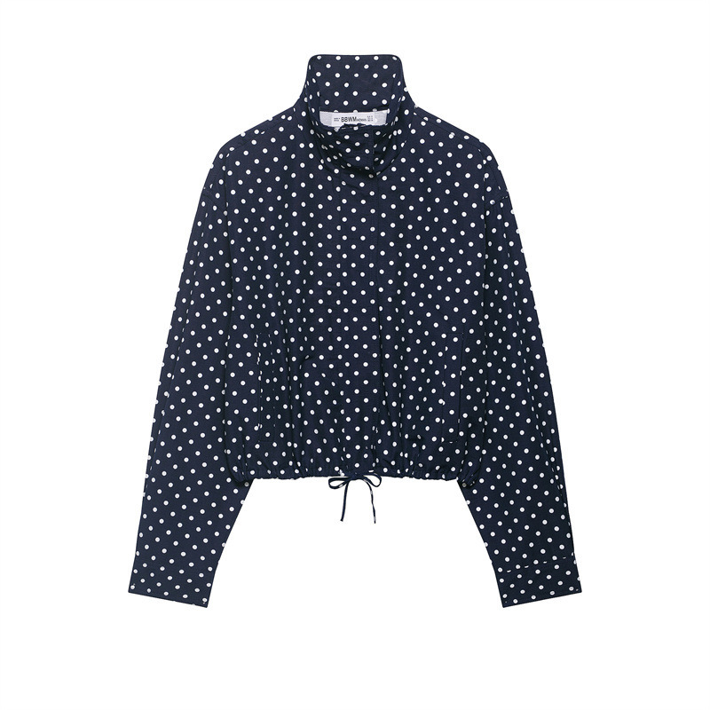 2026 Spring New European and American Style Polka Dot Niche Design Puff Sleeve Jacket Cardigan Long Sleeve Stand Collar