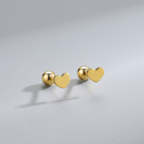 S925 sterling silver glossy heart-shaped screw needle free earplugs earrings Japanese and Korean fashion personal appointment K gold plated light luxury female ins style