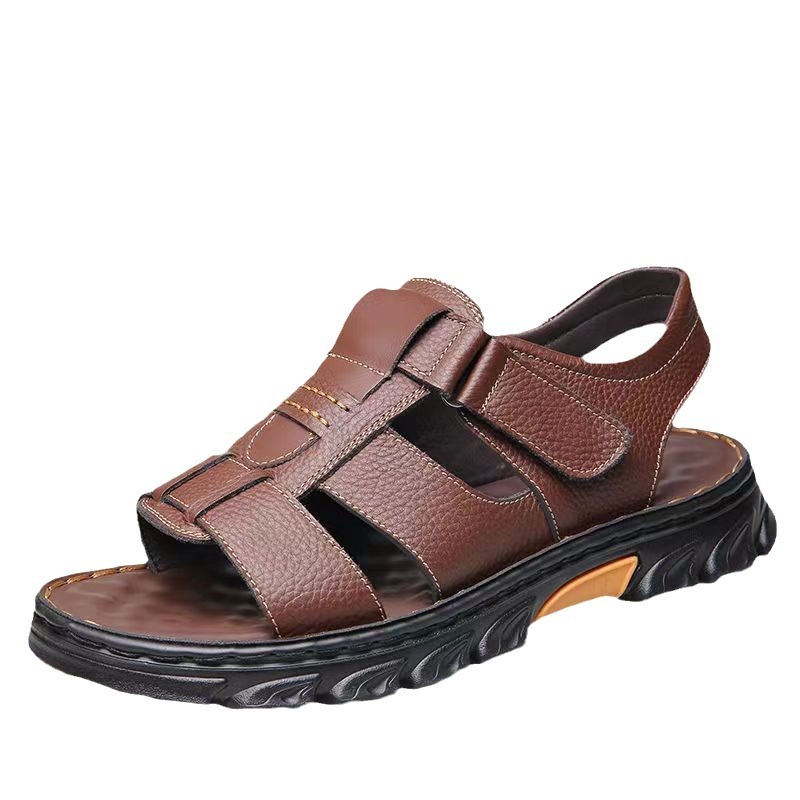 Sandalias de piel de vaca de gran tamaño para hombre verano casual transpirable velcro plataforma impermeable antideslizante zapatos de playa para papá de mediana edad y ancianos