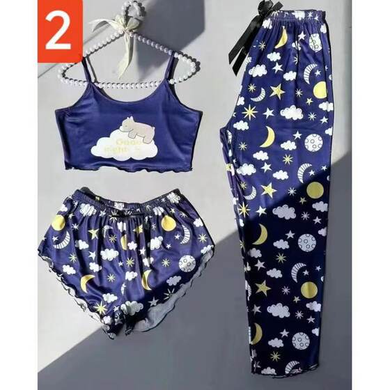 New European and American Cross-border Women's Pajamas Sling Shorts Pants Three-piece Set Amazon Foreign Trade Southeast Asia Summer Home Clothes