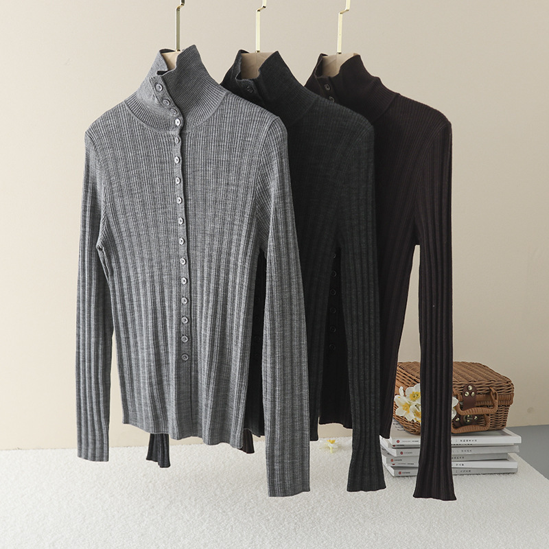 Fine-knit 100% Merino Australian Wool Buttoned Turtleneck Wool Base Shirt, Half-buttoned High-neck Knit Wool Sweater Fine-knit 100% Merino Australian Wool Buttoned Turtleneck Wool Base Shirt, Half-buttoned High-neck Knit Wool Sweater