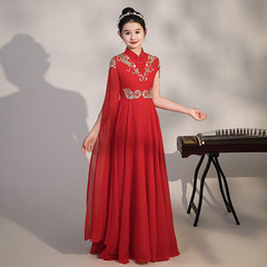Children's Guzheng Performance Costume for Girls, Chinese Style Classical Dance Performance Dress, Little Girl Host Red Art Exam Formal Dress