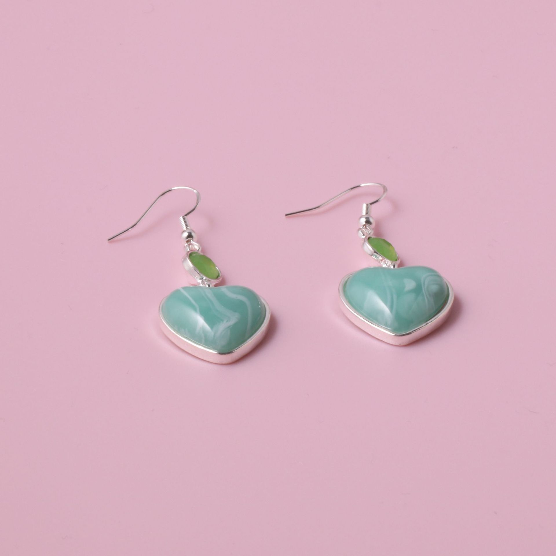Light Green Imitation Emerald Gemstone Peach Heart Sweet and Cute Women's Earrings Artificial Stone Ultra-Light Earrings Accessories