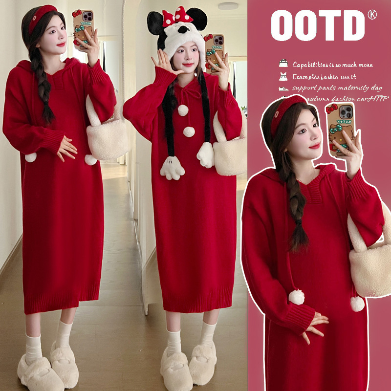 Maternity dress 2024 Winter new style lazy style fashionable age-reducing hooded New Year Christmas wear matching maternity dress sweater dress
