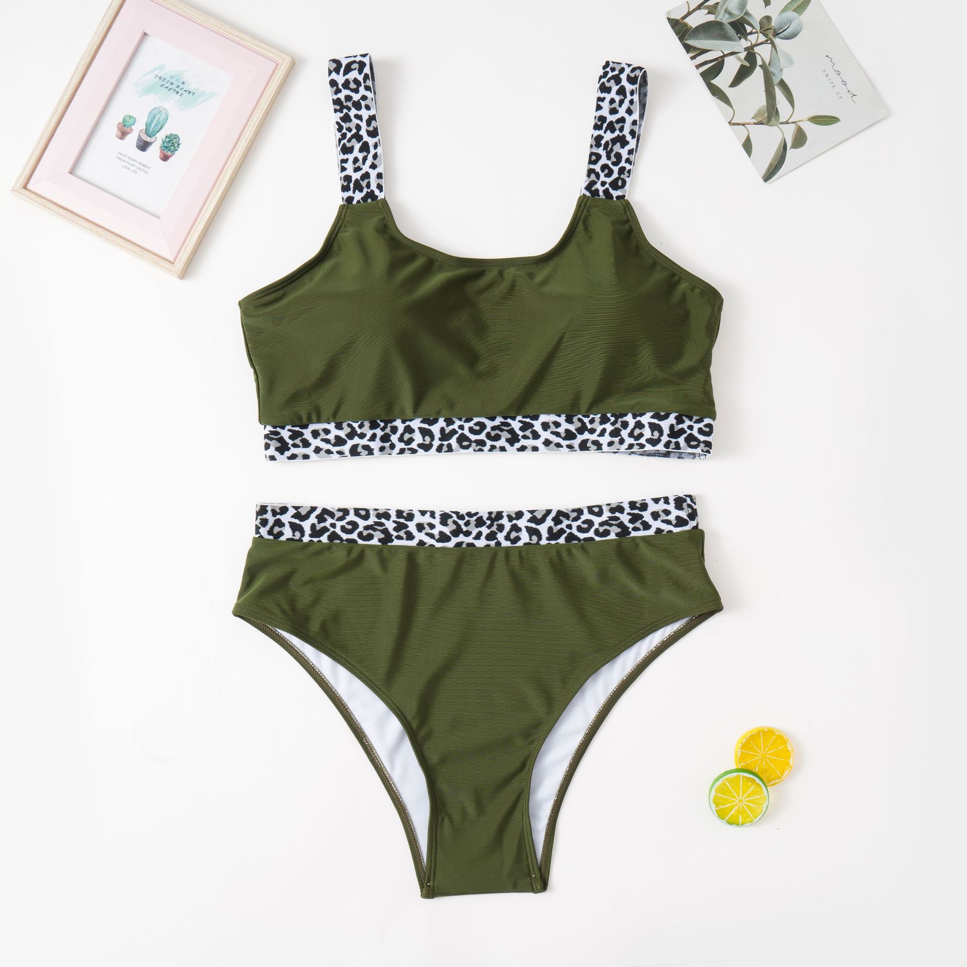 New European American Style Plus-Size Tank Top Bikini With Solid Color And Leopard Print, High-Waisted, Popular On_ecoleips.com