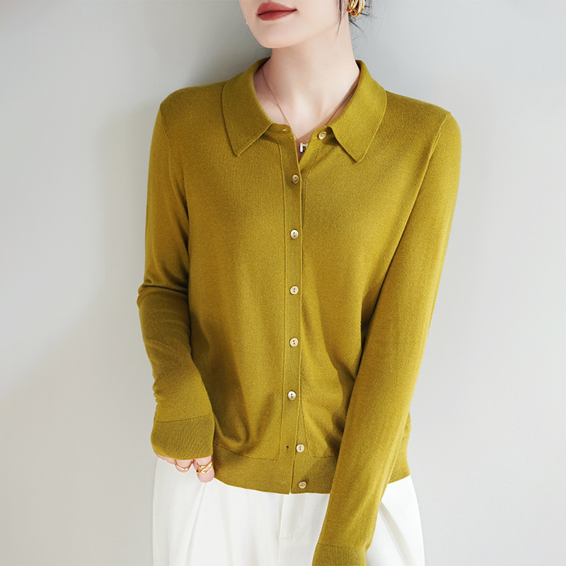 Women's Cardigan Spring New Silk Cashmere POLO Collar Solid Color Outer Long Sleeve Slim Look All-match Knitted Shirt