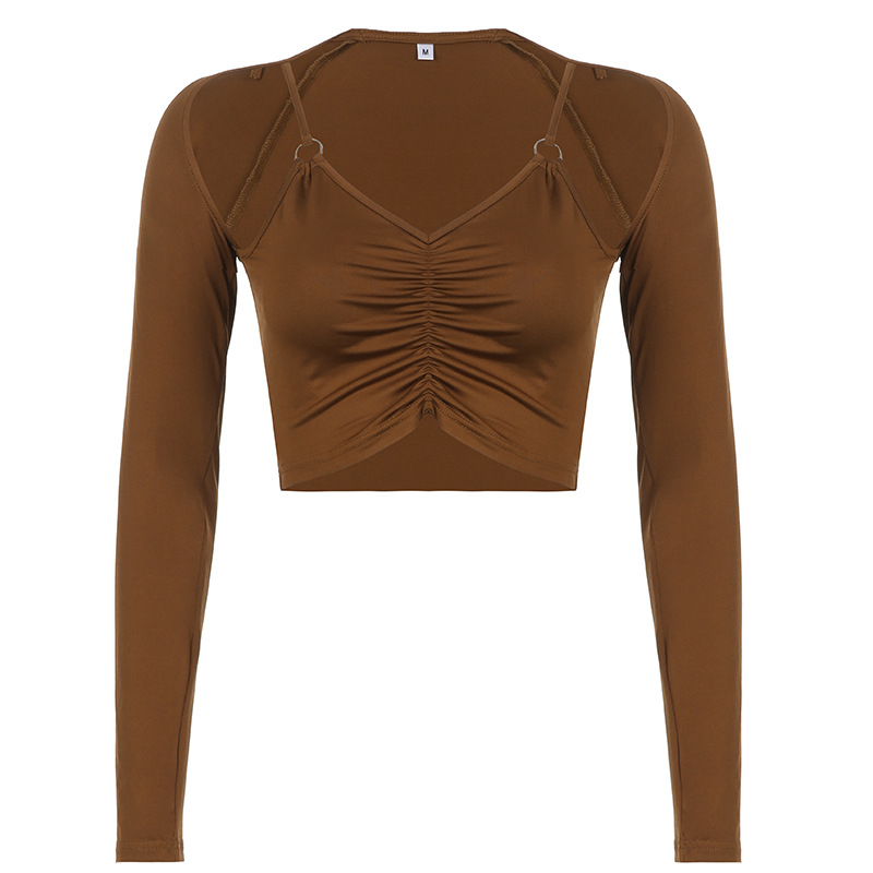 brown fake two-piece low-cut long-sleeved sling top  NSSSN119659