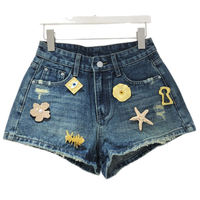 Pantalones Cortos de Mezclilla con Rotos para Mujer con Hebilla Metálica