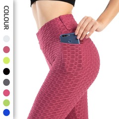 Amazon ヨーロッパとアメリカのレギンスピーチフィットネスパンツハイウエストヒップリフティングレギンス女性のポケットジャカードバブルヨガパンツ