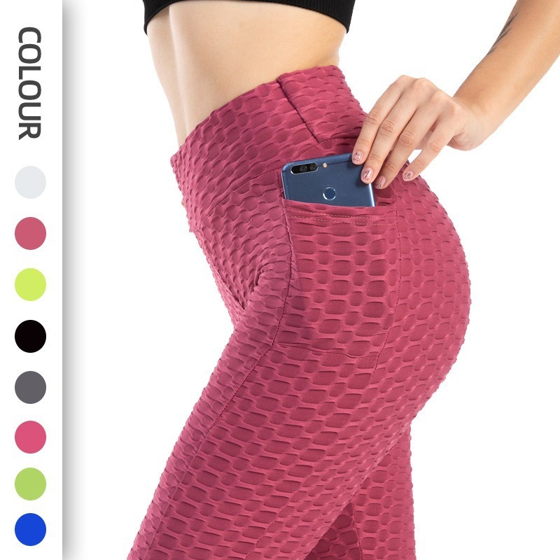 Amazon ヨーロッパとアメリカのレギンスピーチフィットネスパンツハイウエストヒップリフティングレギンス女性のポケットジャカードバブルヨガパンツ|undefined