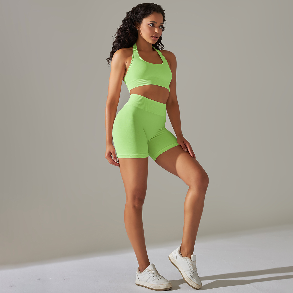 Description Picture 5 of item1/2PCS Gym Streamline Women Yoga Sets Workout Legging Halter Sports Bra High Waist Scrunch Shorts Outfits Active Fitness Suits