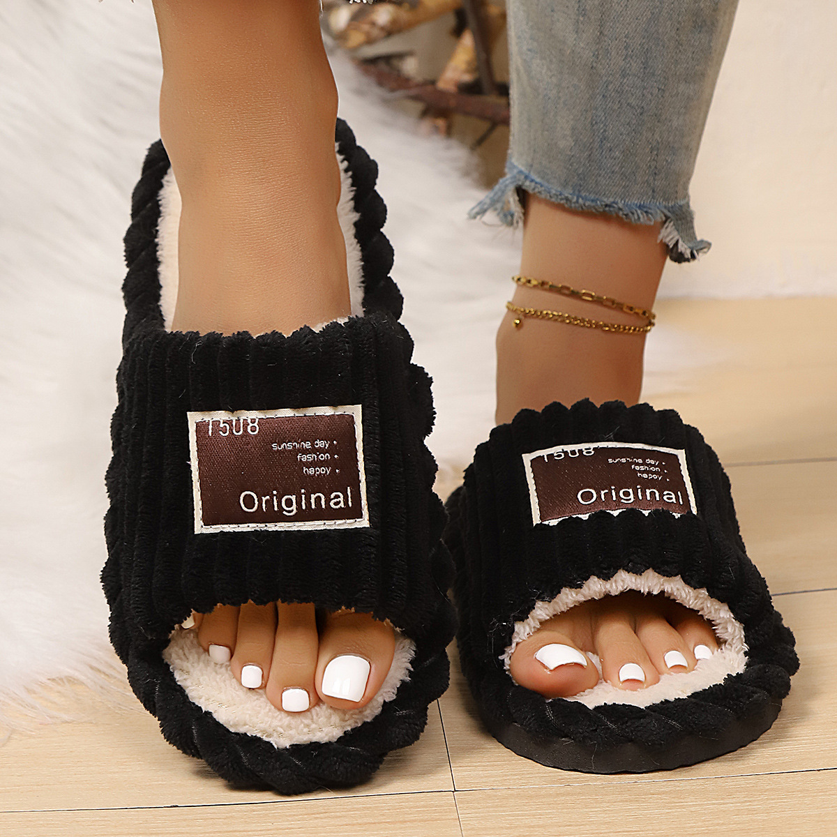 Abrir cuatro temporadas zapatillas de lana transfronterizas TEMU mujer ropa exterior antideslizante interior de fondo grueso zapatillas de algodón peludo casero