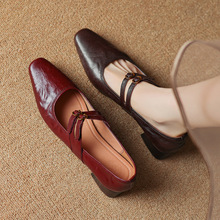 文艺港风复古质感手抓羊皮双排扣玛丽珍2024秋季粗中跟真皮单鞋女