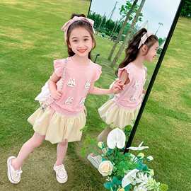 女童套装夏季2025新款洋气时髦女宝宝夏装儿童小飞袖花苞裙两件套