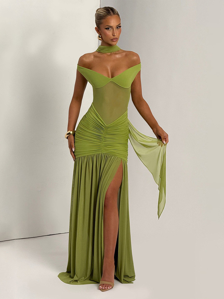 Cross-Border New European and American Women's Clothing Pure Color V Neck Sexy Mesh Stitching Pleated High Slit Slim Hip-Hugging Dress