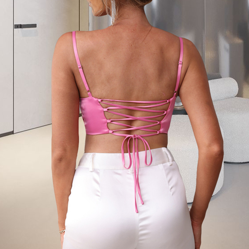 Europa y América ins estilo popular color sólido pequeño camisola mujer verano desgaste sexy backless encaje-up corto top