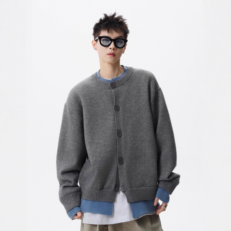 Cleanfit American Retro Fake Two-Piece Cardigan Sweater with Relaxed and Lazy Style Couple Henry Collar Sweater Jacket