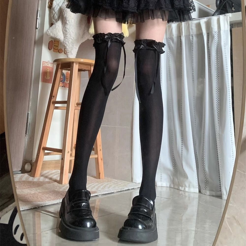 洛丽塔花边黑色lolita夏天薄款黑丝袜过膝袜蝴蝶结长筒袜子防勾丝