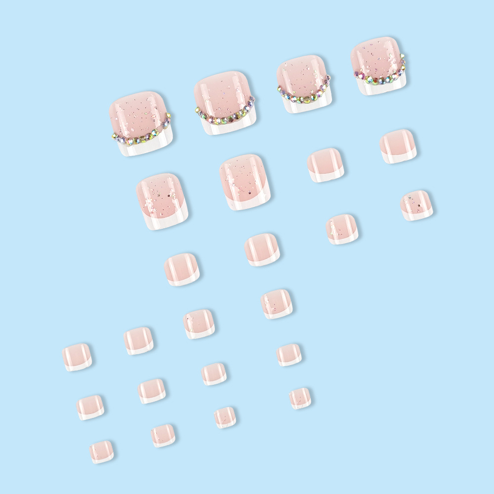 Comercio exterior brillante diamante rosa ornamentado manicure estilo francés delicado viento dulce desgaste de uñas de uñas 24 piezas de parche de uñas