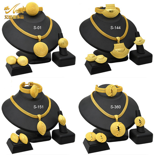 24K Gold Plated Dubai Necklace Earrings Ring Bracelet Set Indian Bride Jewelry Set Wholesale