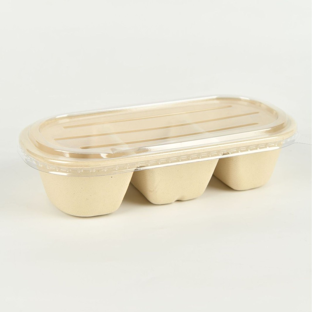 Caja de comidas desechable de frutas para llevar empaque de tres cuadrones de caja de almuerzo ecológico caja de embalaje de frutas horneadas caja de comidas degradable