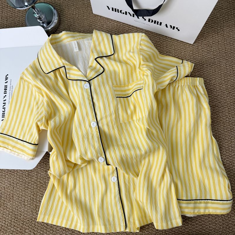 Coreano simple color contraste rayas pijama mujer 2026 nuevo verano relajado pantalones cortos de mangas cortas ropa para el hogar dos piezas conjunto