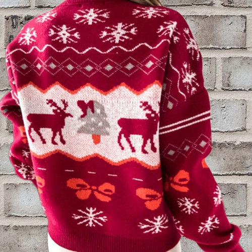 Red Round Neck Sweater for Women, Christmas Deer Design, Autumn/Winter Trendy Brand, Retro Loose and Lazy Style, Couple Knit Top