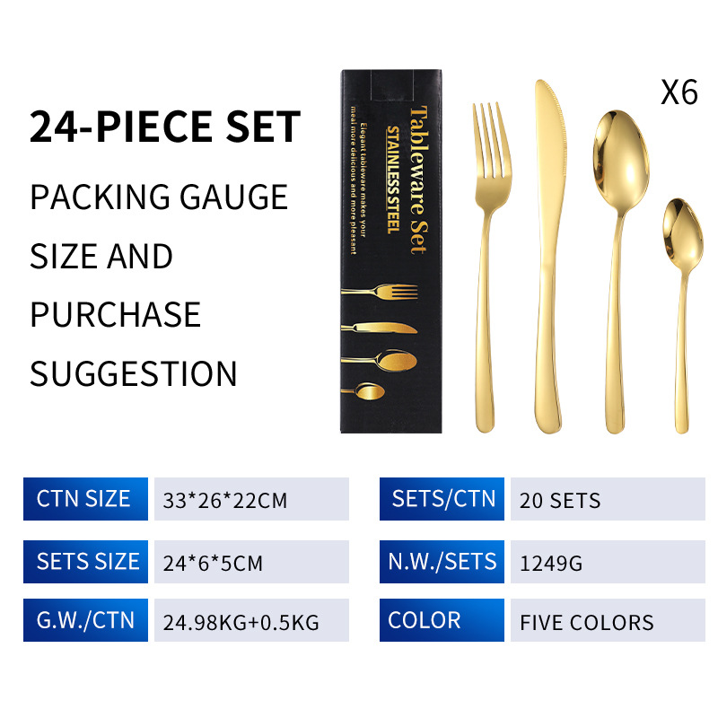 Spoon Juego de vajilla de acero inoxidable transfronterizo al por mayor de 24 piezas para el hogar elegante comida occidental Cuchillo, tenedor, cuchara, necesidades diarias